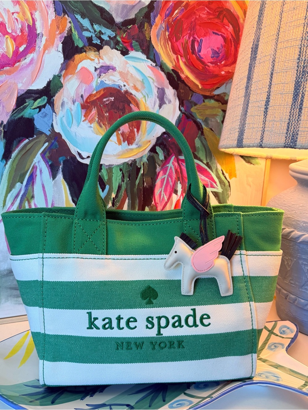 🍃👒🌊Kate Spade Jet Small Beach Tote Striped Green NWT with horse charm